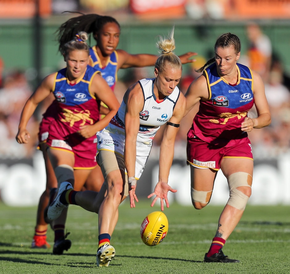 AFLW 2017 Rd 05 - Adelaide v Brisbane ADELAIDE, AUSTRALIA - MARCH 4: Erin Phillips of the Crows clashes with Brittany Gibson of the Lions during the 2017 AFLW Round 05 match between the Adelaide Crows and the Brisbane Lions at Norwood Oval on March 4, 2017 in Adelaide, Australia. (Photo by AFL Media)